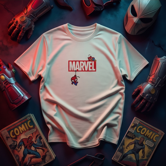 Cute Spiderman with Marvel Logo – Superhero Graphic T-Shirt