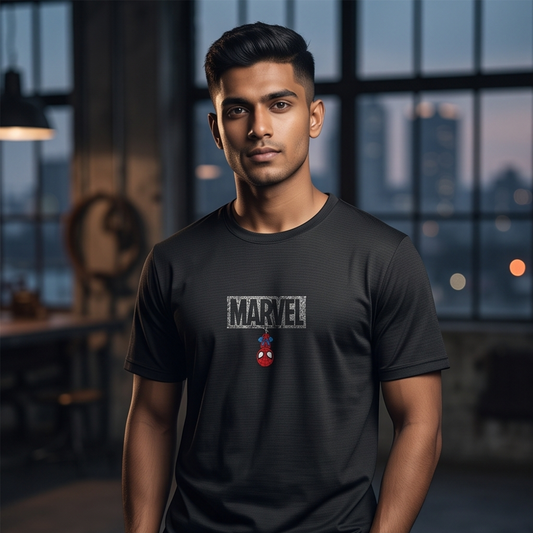 Spiderman Hanging from Marvel Logo – Superhero Graphic T-Shirt