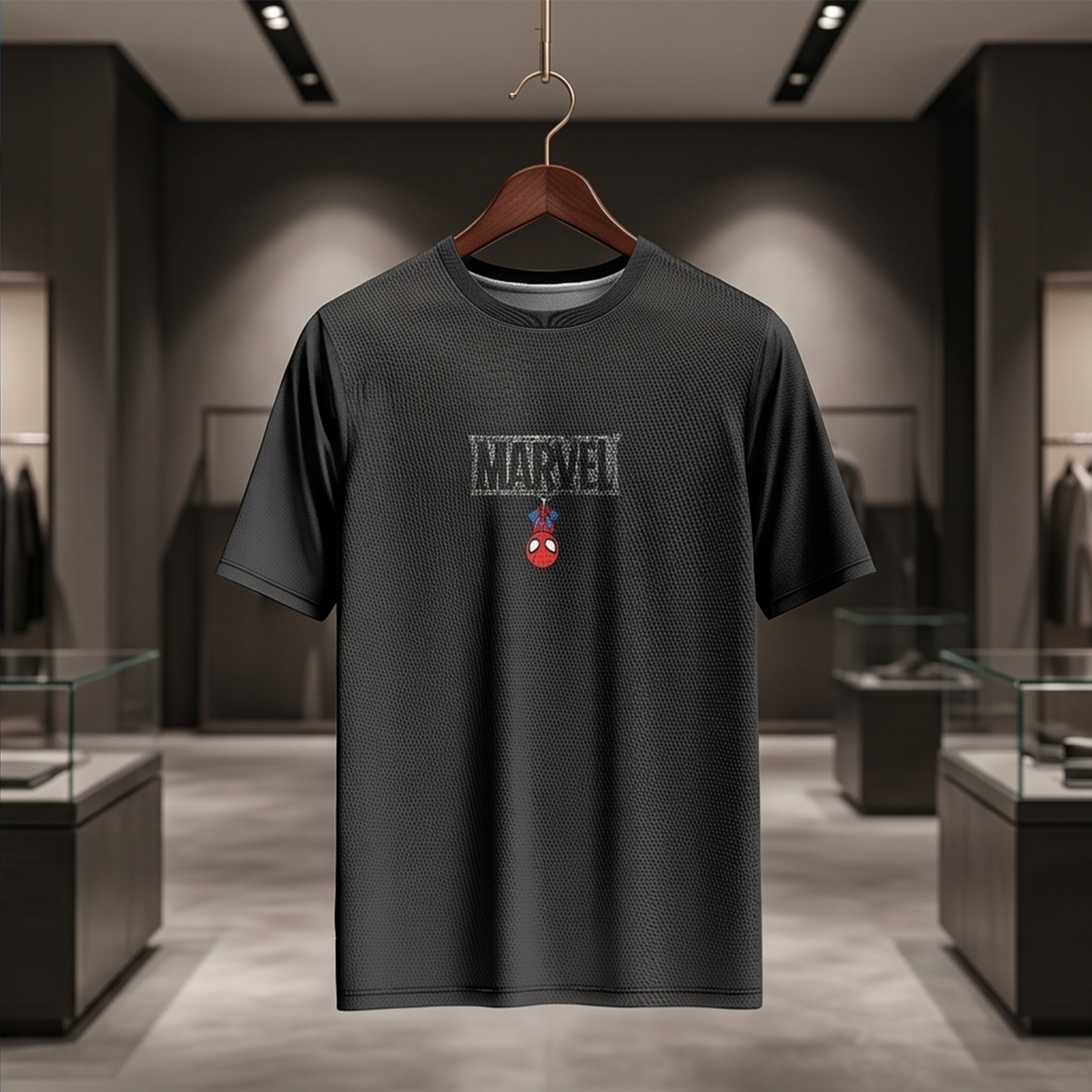 Spiderman Hanging from Marvel Logo – Superhero Graphic T-Shirt