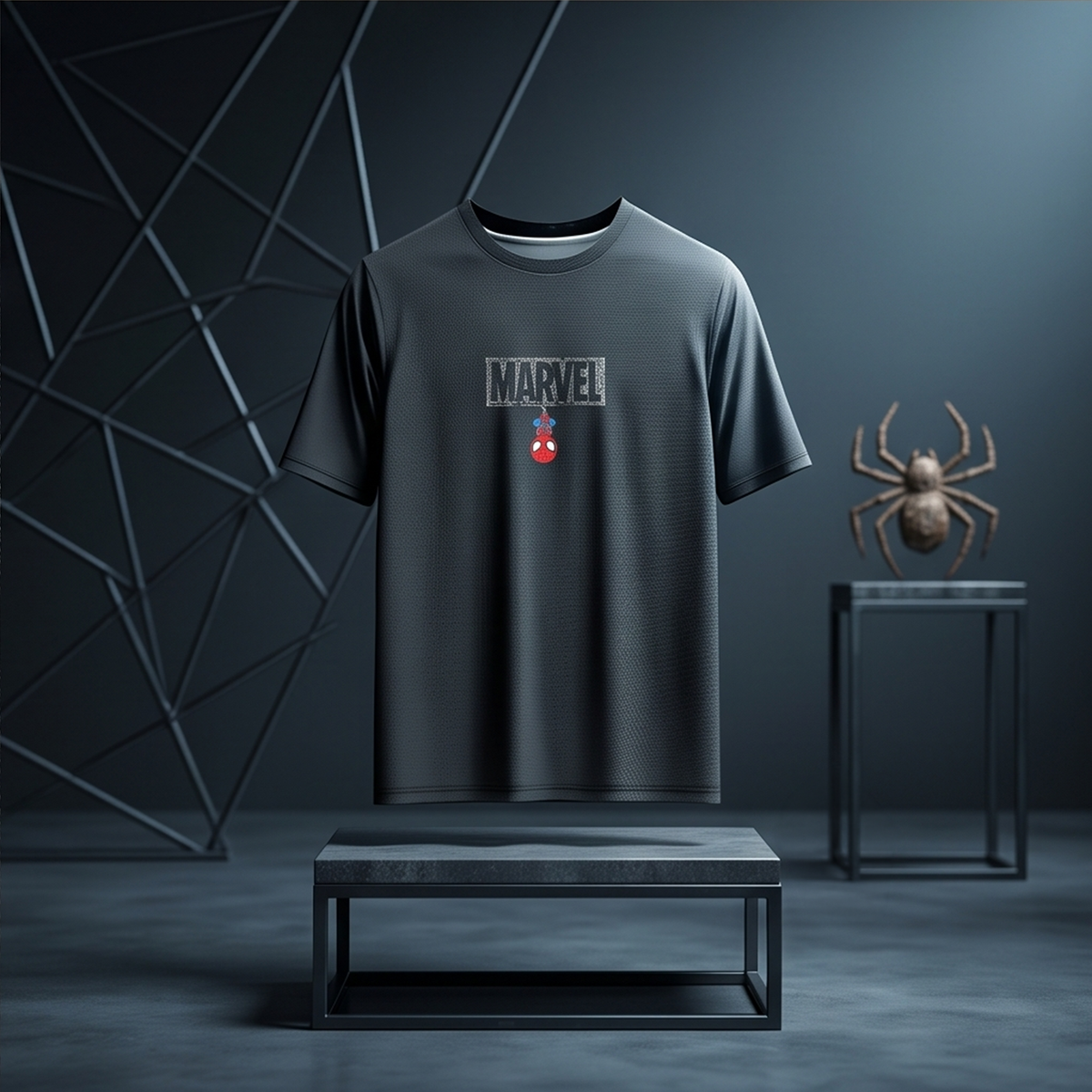 Spiderman Hanging from Marvel Logo – Superhero Graphic T-Shirt