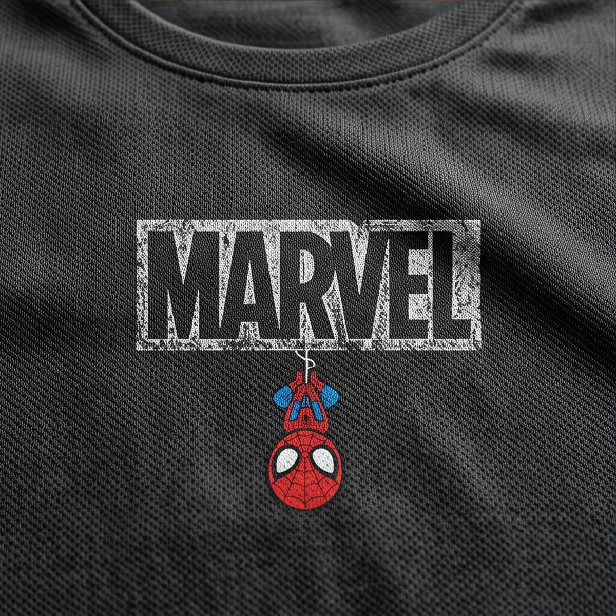 Spiderman Hanging from Marvel Logo – Superhero Graphic T-Shirt
